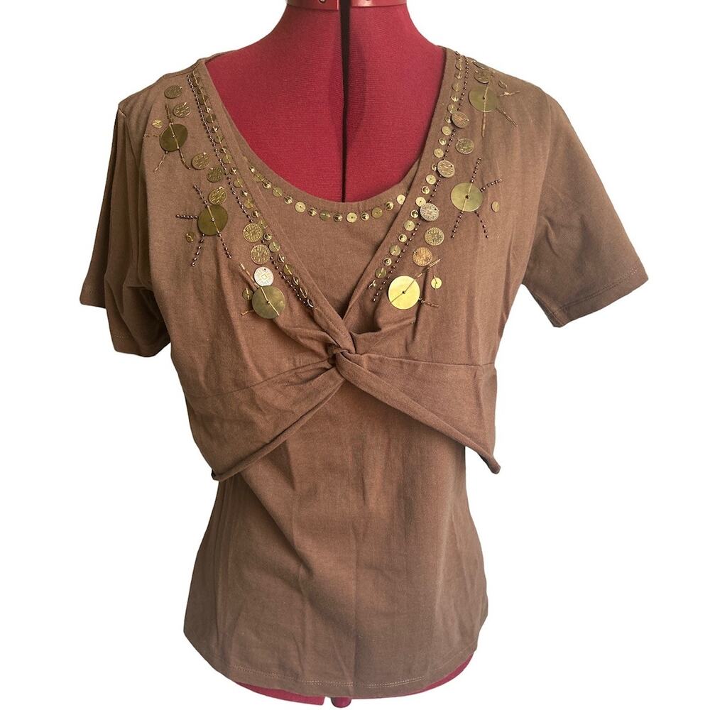 Mirror Image Women’s Size Small 100% Cotton Coined Beaded‎ Twist Front Top Brown